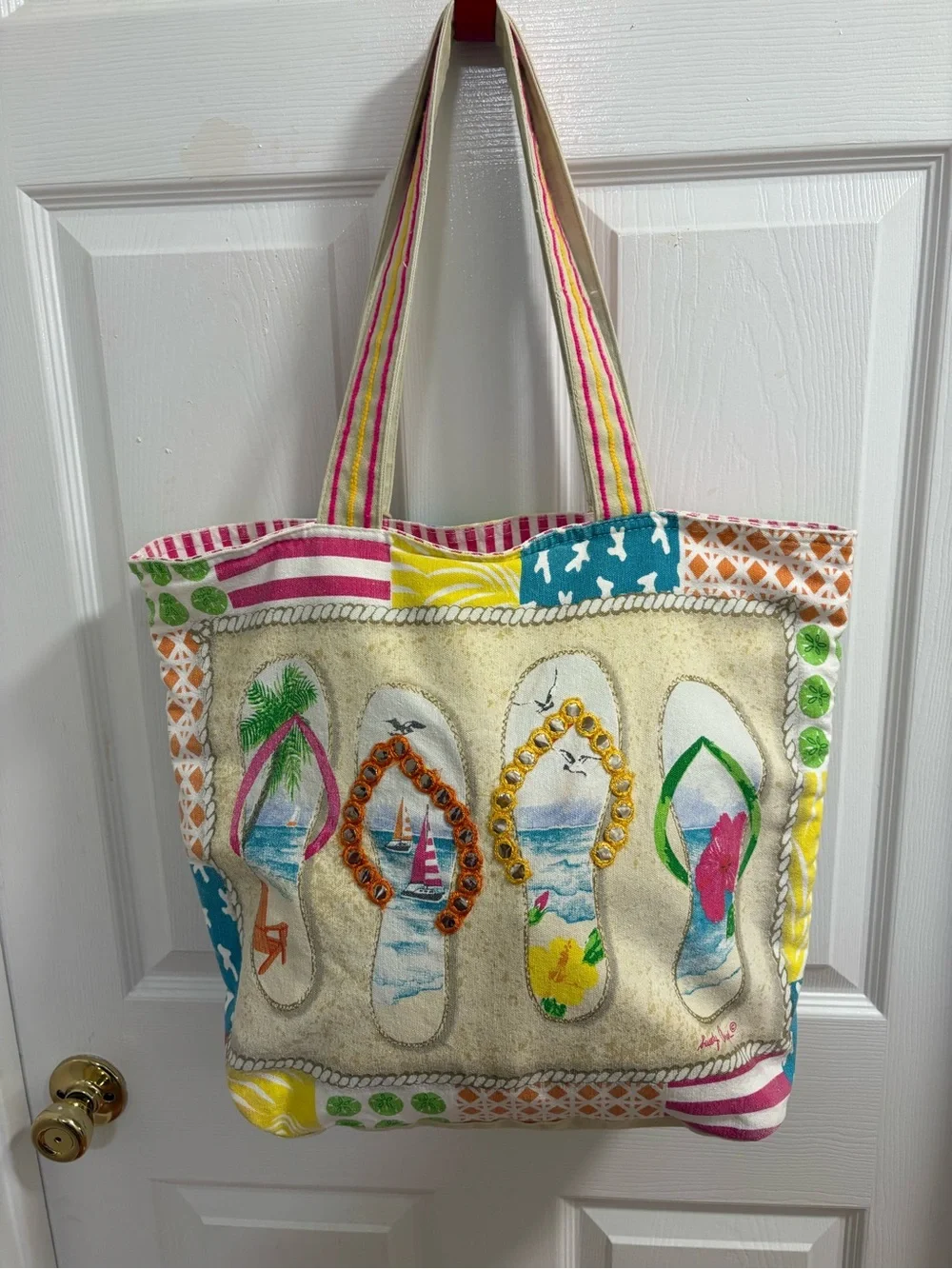 Sandy Clough colorful flip-flop print canvas beach tote bag,  12 by 16 by 5”